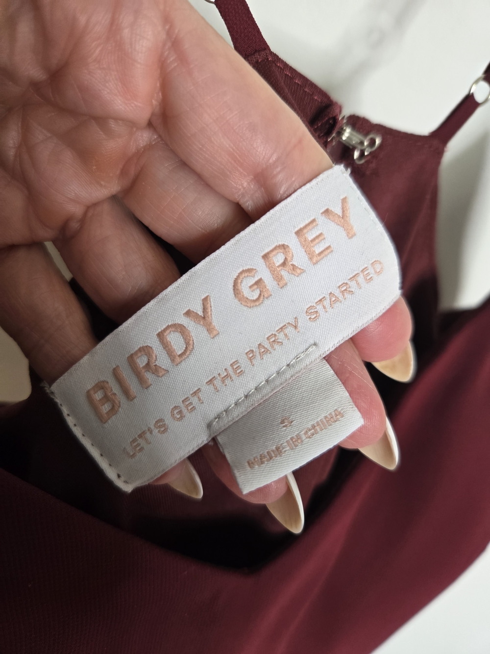 Birdy Grey Burgundy Elegant Spaghetti-Strap Maxi Theresa Dress Cascade Ruffle S - Picture 9 of 16